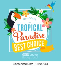 Summer Time Typographical Background With Tropical Plants And Flowers