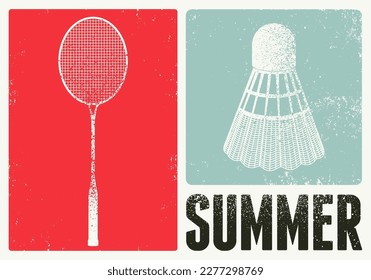 Diseño de afiches de estilo tipográfico de verano con raqueta de bádminton y soporte. Ilustración vectorial retro.