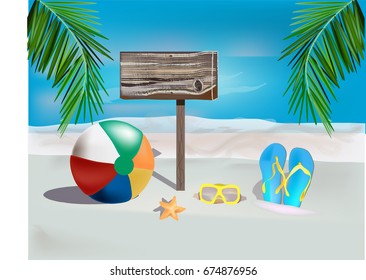 Summer time, typography against the background of the sea. Tropical plants, slates, beach ball, starfish, wooden pointer. Vector