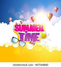 Summer Time Typography. Blue sky with clouds, sun and summer time lettering, Vector design with hot air balloons and beach objects.
