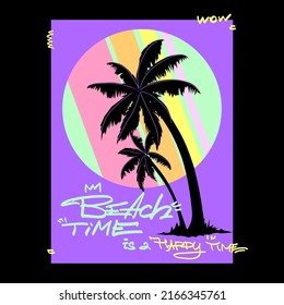 Summer time, typography palm tree black background T shirt graphic Print Design Vector Poster, banner.