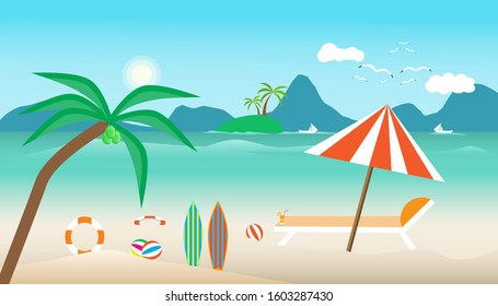 summer time with umbrella ball chair on beach. boat in sea and sun bird fly bright over blue sky cloud mountain background. concept holiday illustration vector flat design