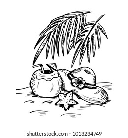 Summer time vacation attributes with coconut drink and hat. Sketchy style.