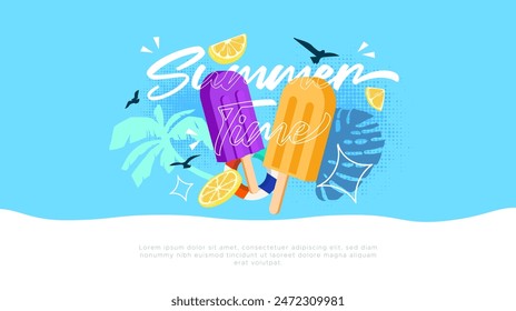 HORA DE VERANO. vacaciones de verano, diseño de Anuncio y Plantilla de póster. Ilustración de verano acogedor con una playa y fondo de verano matizado	