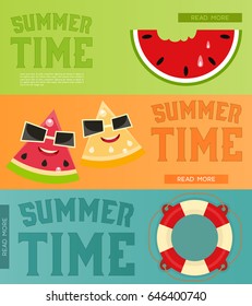 Summer Time, Vacation Banners Set. Beach Party. Vector Illustration.