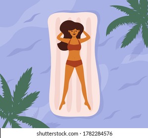 Summer time vacation, beach holiday or travel concept. Young woman in swimsuit lying on air mattress in sea or pool. Cute girl sunbathing swimming on water surface. Enjoy and relax vector illustration