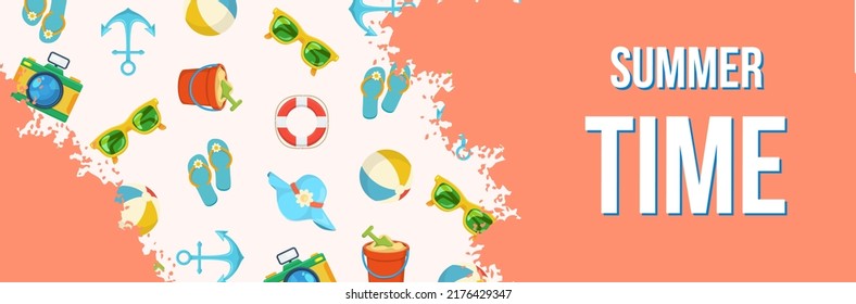 Summer time vacation bright banner with text and beach objects.