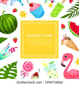 Tarjeta de vacaciones de verano con plantilla vectorial de objetos tropicales
