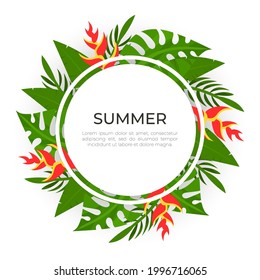 Summer Time Vacation With Circle Arrangement Of Tropical Foliage And Flora Vector Template