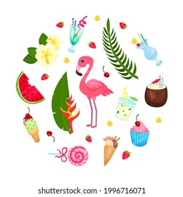 Vacaciones en verano con arreglo circular de la plantilla vectorial de elementos de playa tropical