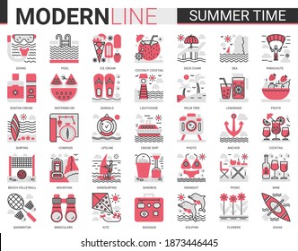 Summer time vacation complex red black flat line icon vector illustration set. Website outline summertime pictogram app symbols collection with travel or beach holiday items and sport activity.