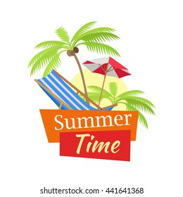 Summer time vacation concept vector illustration in flat style design. Beach chair, umbrella and palm trees with sun disc on background isolated on white.