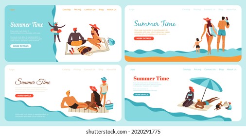 Summer time vacation, family at beach, template banner set, vector illustration. Cartoon man woman child character travel to sea shore, landing page. Happy trip with mother, father, kid.