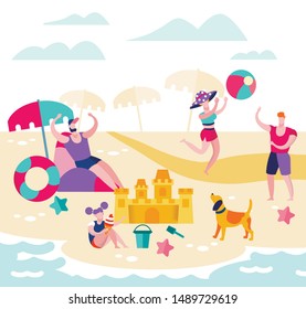 Summer Time Vacation, Happy Family Relaxing on Beach, Father, Mother, Daughter Leisure on Resort, Playing Ball, Girl Building Sandcastle, Lifeguard Sitting on Coast Cartoon Flat Vector Illustration