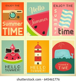 Summer Time, Vacation Mini Posters Set. Beach Party. Vector Illustration