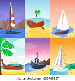 Summer time vacation nature tropical beach with sail boat ships, vessel, yacht landscape paradise island palm holidays vector illustration