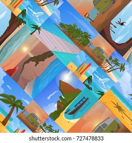 Summer time vacation nature tropical beach landscape holidays vector seamless pattern background