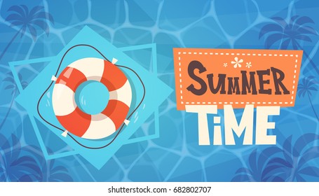 Summer Time Vacation On Sea Life Buoy In Water Retro Banner Seaside Holiday Flat Vector Illustration