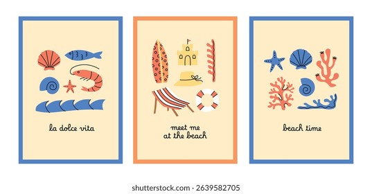 Summer time vacation poster set. Card collection with beach, marine, sea elements: seashells, seafood, waves, coral, sand. Simple hand drawn style.
