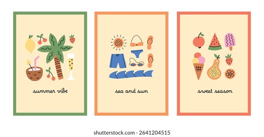 Summer time vacation poster set. Card collection with beach, marine, sea, ocean, tropical elements. Simple hand drawn style.
