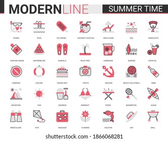 Summer time vacation red black flat line icon vector illustration set. Website outline summertime pictogram app symbols collection with travel or beach holiday items and sport activity editable stroke