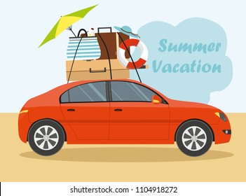 Summer time vacation with red car and luggage on the beach