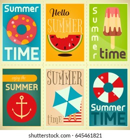 Summer Time, Vacation Retro Posters Set. Beach Party. Vector Illustration