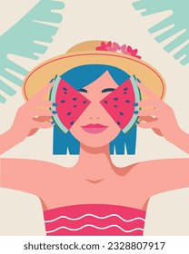 Summer time, vacation, sea. Portrait of a woman with her eyes closed with fresh slices of watermelon. Vector illustration in a minimalistic style for posters, covers, flyers, banners