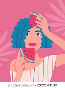 Summer time, vacation, sea. Portrait of a woman with two pieces of watermelon and tropical leaves on the background. Vector illustration in a minimalist style