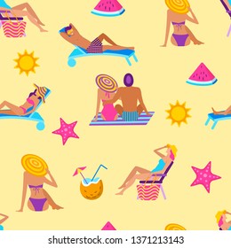 Summer time vacation seamless pattern. People sunbathing at summer recreation. Tropical relaxation background in flat style. Man and woman in swimwear enjoy on chaise lounge vector illustration.