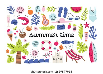 Summer time vacation set. Tropical, beach, nautical, marine, sea, ocean illustration collection, stickers for daily planner, scrapbooking, cards. Simple hand drawn style.
