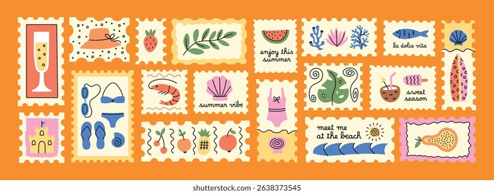 Summer time vacation stamps, brands, types, marks set. Tropical, beach, nautical, marine, sea, ocean illustration, sticker collection for daily planner, scrapbooking, cards. Simple hand drawn style.
