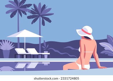 Summer time and vacation, sunbathing, wellness lifestyle. Beautiful girl in swimsuit relaxing by the pool during her summer holiday. Vector illustration for mobile and web graphics.