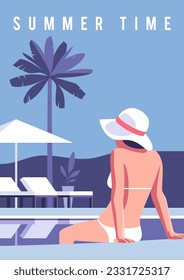 Summer time and vacation, sunbathing, wellness lifestyle. Beautiful girl in swimsuit relaxing by the pool during her summer holiday. Vector illustration for mobile and web graphics.