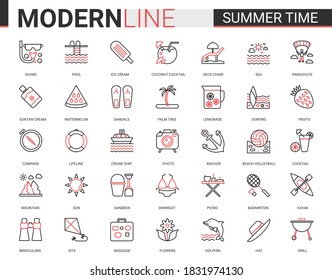 Summer time vacation thin red black line icon vector illustration set. Website outline summertime pictogram app symbols collection with travel or beach holiday items and sport activity editable stroke