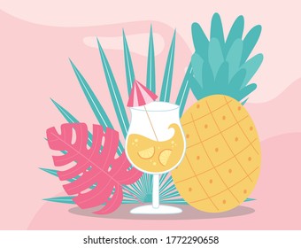 summer time vacation tourism pineapple and cocktail with umbrella vector illustration