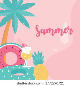 summer time vacation tourism watermelon float cocktail pineapple palm lettering banner vector illustration