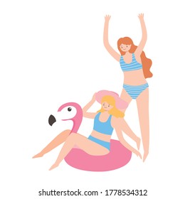 summer time vacation tourism young women with flamingo float and swimsuits vector illustration