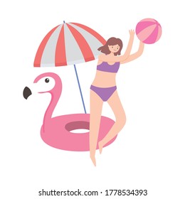 summer time vacation tourist girls playing with umbrella and flamingo float vector illustration