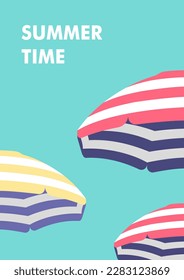 Summer time, vacation and travel. Beach umbrellas on a sunny day  Vector illustration in minimalistic style for posters, cover art, flyer, banner.