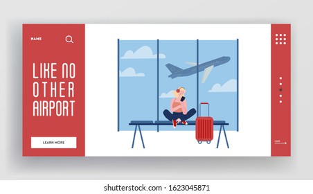 Sommerzeit Urlaub Reise Website Landing Page. Teenage Girl in Kopfhörer mit Smartphone in Hands Wait Abfahrt in Airport Terminal Area Hintergrund Webpage Banner. Cartoon-Flache Vektorgrafik
