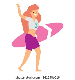 summer time vacations woman with surfboard vector illustration
