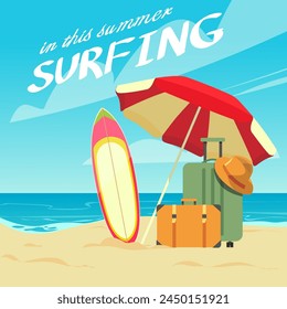 summer time, vecter illustration, beach, surfboard, surfing, luggage, umbrella, EPS10