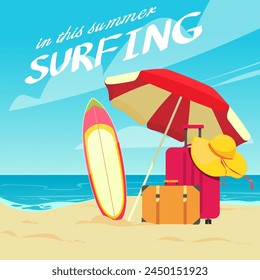 summer time, vecter illustration, beach, surfboard, surfing, luggage, parasol, EPS10