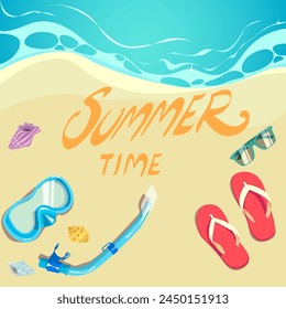 summer time, vecter illustration, diving mask, eyeglasses, shells, flip-flops, EPS10