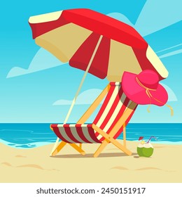 summer time, vecter illustration, 
hammock chair, beach, parasol, hat,  EPS10