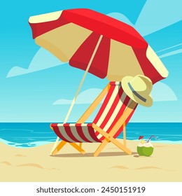 summer time, vecter illustration, 
hammock chair, beach, parasol, hat,  EPS10