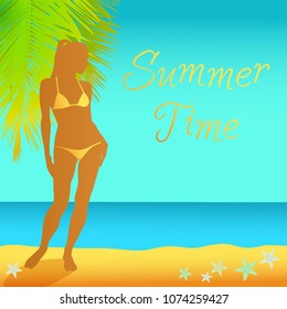 Summer time vector background. Bikini girl on beautiful tropical sea beach. Silhouette of sexy girl on a beach.
