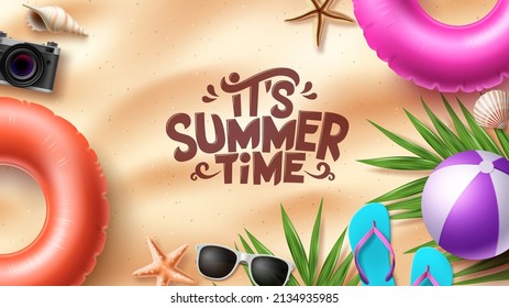 Summer time vector background design. It's summer time in sand space for text with tropical season elements for beach outdoor vacation. Vector illustration. 
