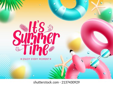 Summer time vector background design  It's summer time typography text in gradient pattern background and floaters   leaves elements for tropical season holiday decoration  Vector illustration 
